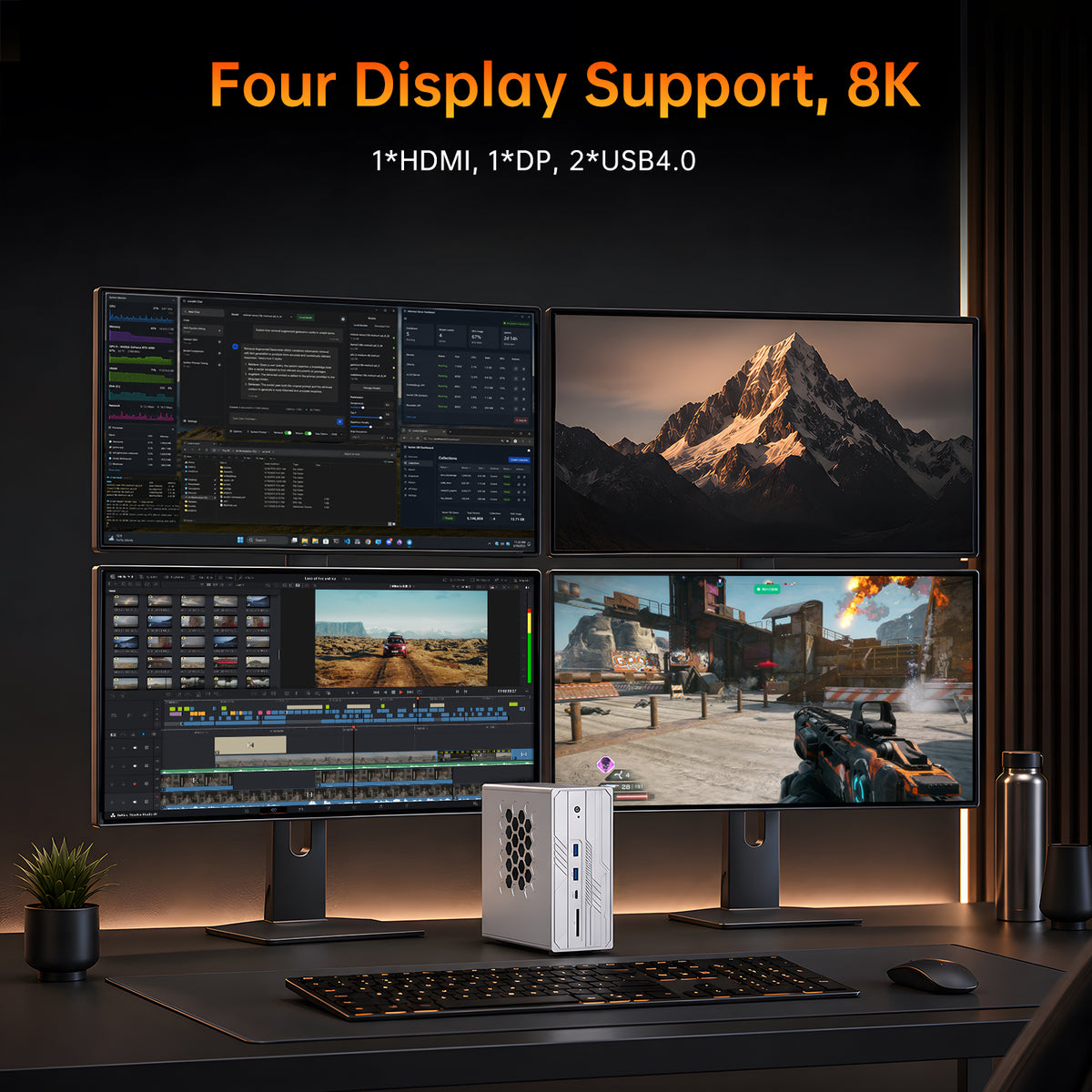 AI Mini PC with Ryzen AI Max+ 395 (16Cores, Upto 5.1GHz), 128GB LPDDR5X RAM Desktop Computer, Dual LAN (2.5GbE + 10GbE), WiFi 7, USB4.0, SD Reader, 4* Display, 8K
