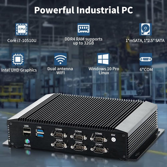 Fanless Industrial PC, Mini Desktop Computer with Core i5 / i7, 6xCOM R232/ 422/485, Dual LAN, GPIO, Wi-Fi, HDMI, VGA, Windows 11 Pro