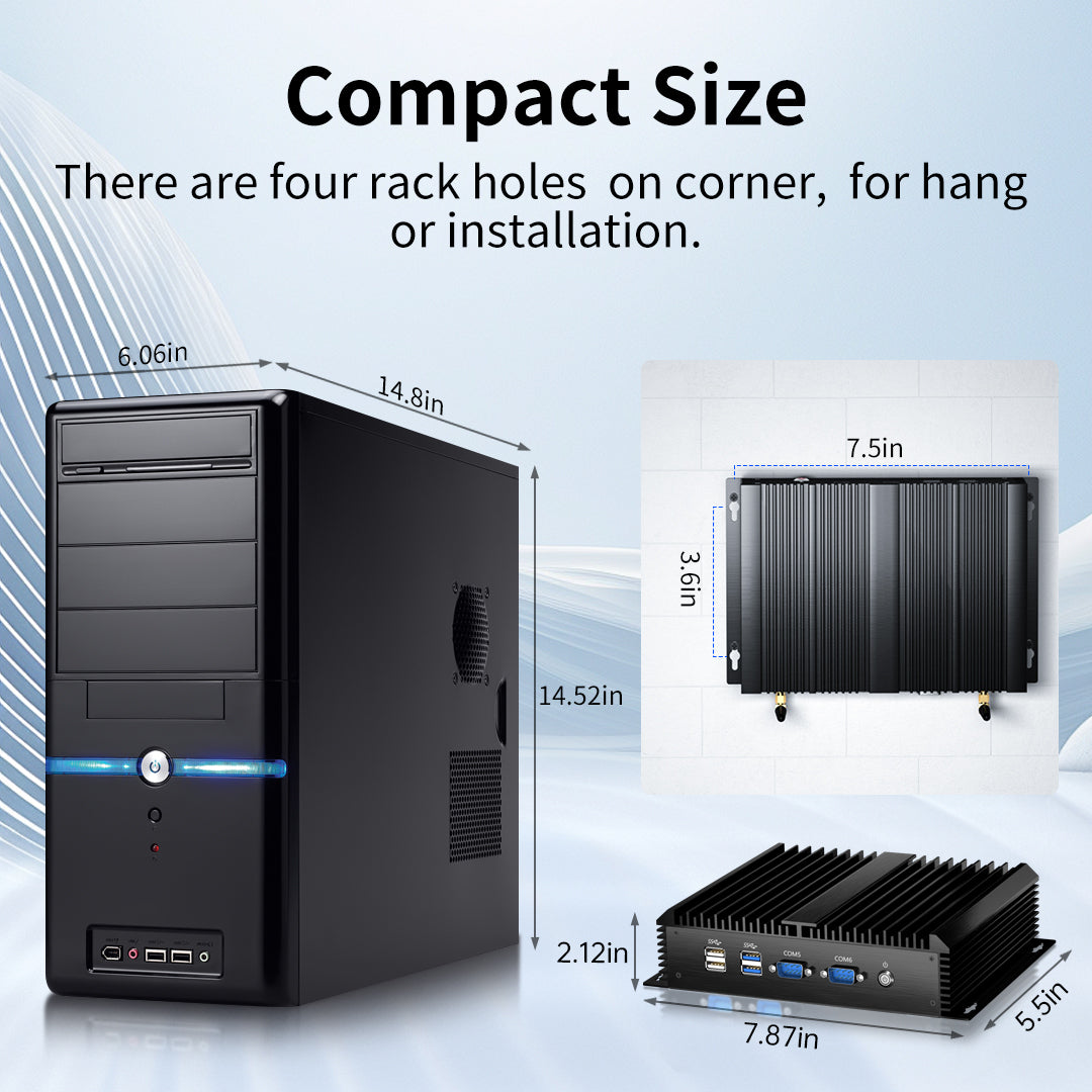 Lüfterloser Industrie-PC, Mini-Computer mit Core i3-5005U/ i5-4200U/ i7-5500U, Dual-NIC, 2/4*COM RS232, Wi-Fi, 1*HDMI 1*VGA, Windows 10 Pro