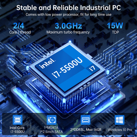 Fanless Industrial PC, Mini Computer with Core i3-5005U/ i5-4200U/ i7-5500U, Dual LAN, COM RS232, Wi-Fi, 1*HDMI 1*VGA, Windows 10 Pro