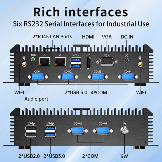 Fanless Industrial PC, Mini Computer with Core i3-5005U/ i5-4200U/ i7-5500U, Dual NIC, 2/4*COM RS232, Wi-Fi, 1*HDMI 1*VGA, Windows 10 Pro