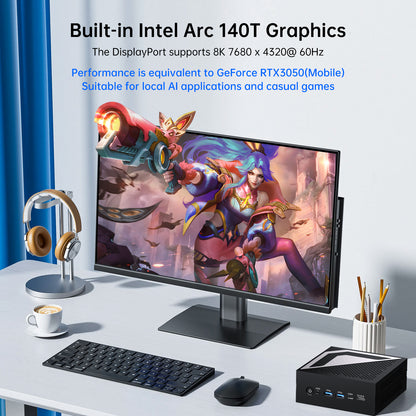 AI Mini PC with Ultra 9 285H (16 Cores, Upto 5.4GHz, Max 99TOPS), 1* HDMI, 1* DisplayPort, 1* USB4.0, 8K, 2.5G LAN, WiFi 6e, Windows 11 Pro
