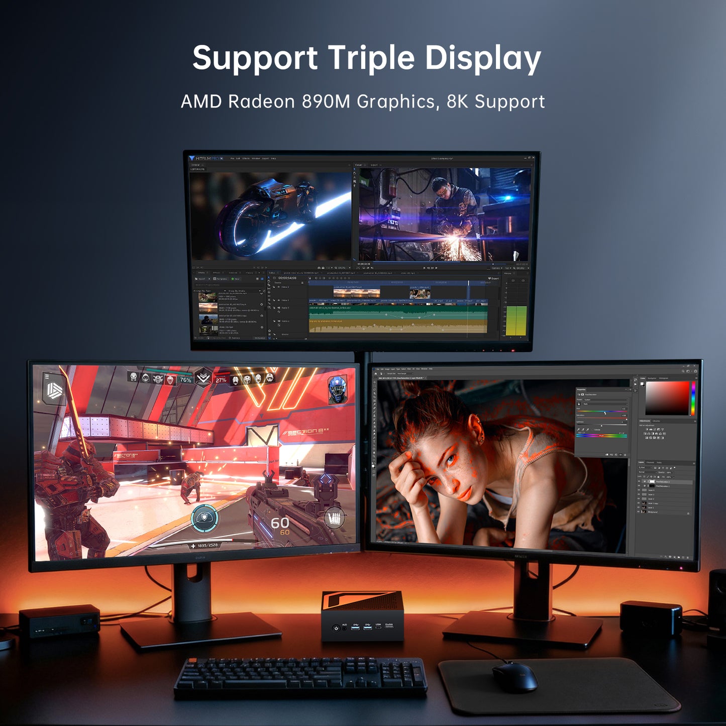 Mini AI PC with Ryzen AI 9 HX 370(12 Cores, Up to 5.1 GHz, Max 80 TOPS), 2 * 2.5G LAN, 1*HD, 1*DP, 1* USB4.0 Triple Display, Wi-Fi 6e, Windows 11 Pro