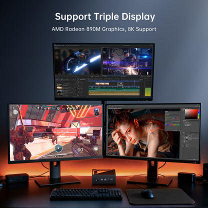 Mini AI PC with Ryzen AI 9 HX 370(12 Cores, Up to 5.1 GHz, Max 80 TOPS), 2 * 2.5G LAN, 1*HD, 1*DP, 1* USB4.0 Triple Display, Wi-Fi 6e, Windows 11 Pro