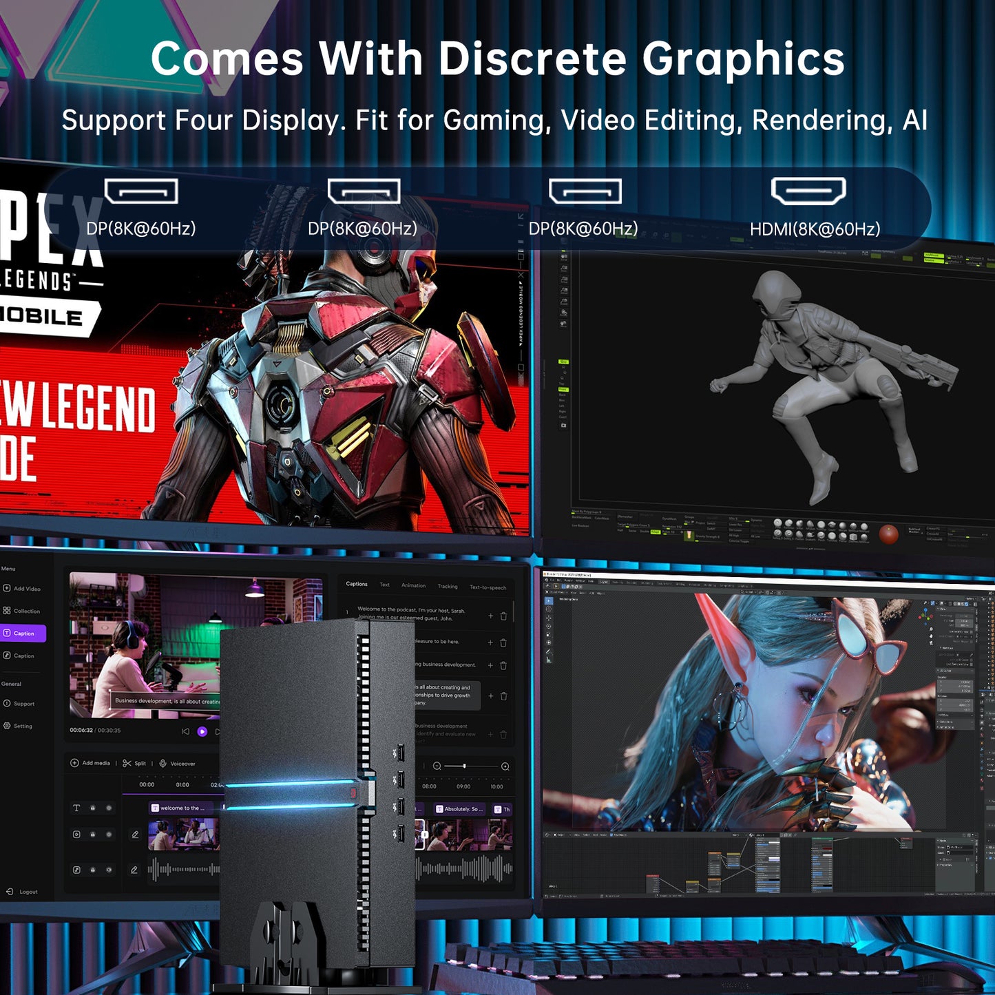 MV300 Mini PC, Micro Desktop Computer, WiFi 6E, 4* Display (HD /DP), 8K, Optical, Dual LAN, Fit for Gaming / Video Editing