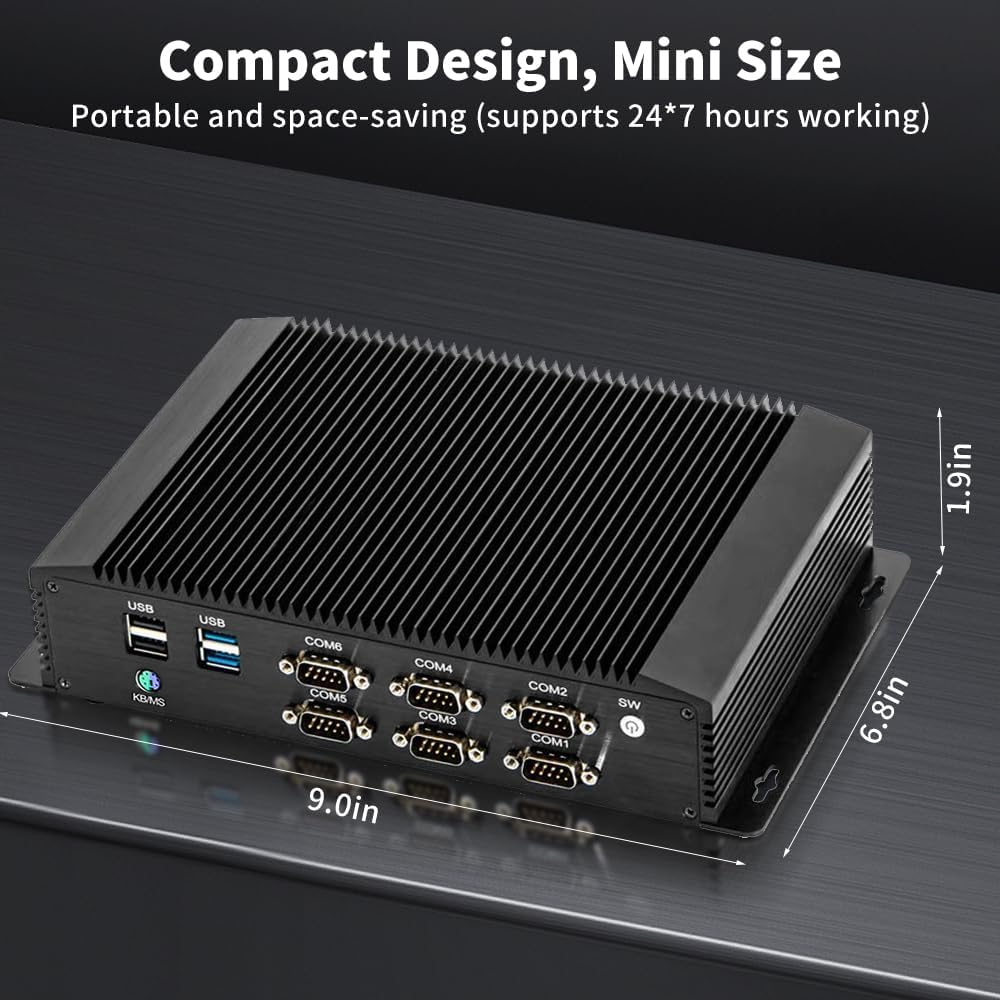 Fanless Industrial PC, Mini Desktop Computer with Core i5 / i7, 6xCOM R232/ 422/485, Dual LAN, GPIO, Wi-Fi, HDMI, VGA, Windows 11 Pro