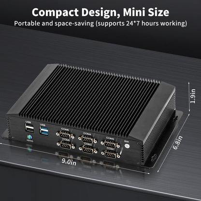 Fanless Industrial PC, Mini Desktop Computer with Core i5 / i7, 6xCOM R232/ 422/485, Dual LAN, GPIO, Wi-Fi, HDMI, VGA, Windows 11 Pro