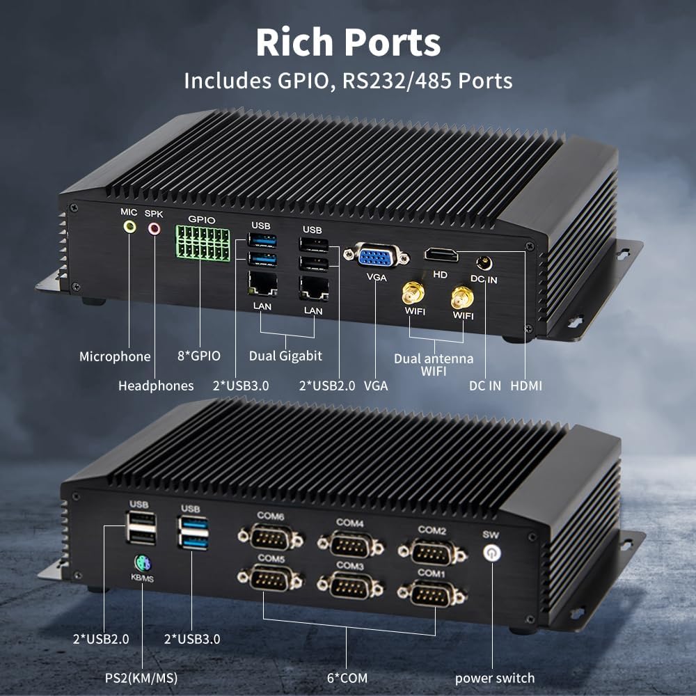 Fanless Industrial PC, Mini Desktop Computer with Core i5 / i7, 6xCOM R232/ 422/485, Dual LAN, GPIO, Wi-Fi, HDMI, VGA, Windows 11 Pro