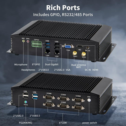 Fanless Industrial PC, Mini Desktop Computer with Core i5 / i7, 6xCOM R232/ 422/485, Dual LAN, GPIO, Wi-Fi, HDMI, VGA, Windows 11 Pro