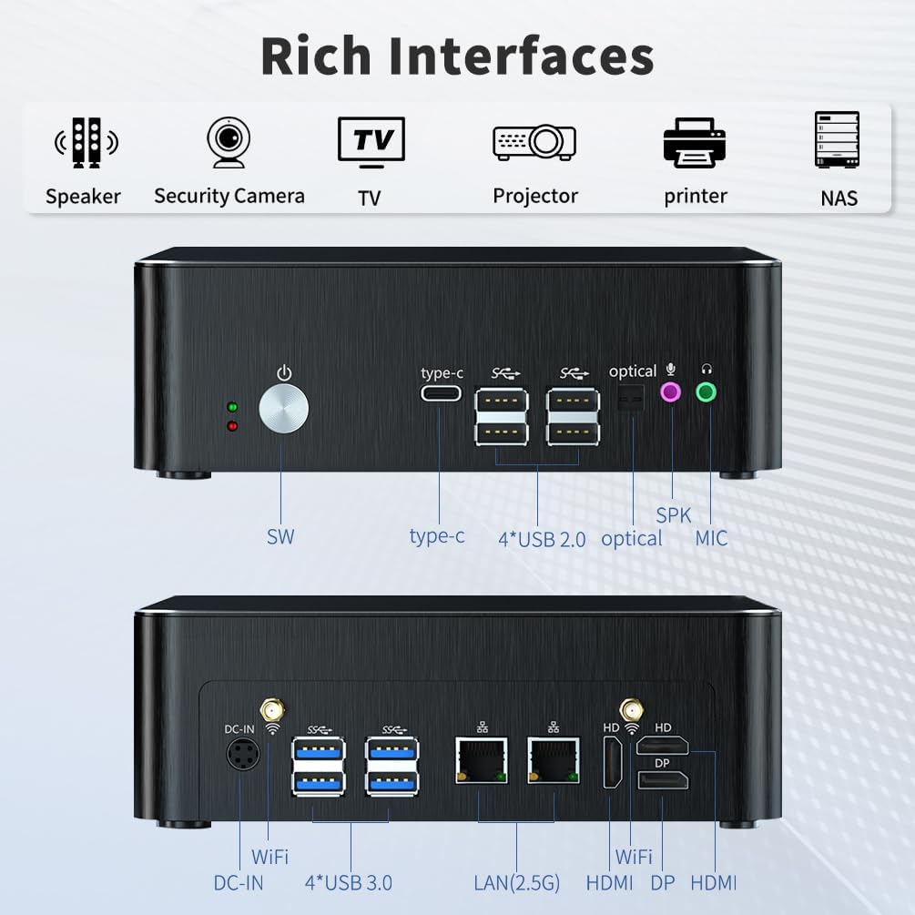 Mini PC i9, Desktop Computer with Core i9-9880H (Upto 4.8GHz), 2*HDMI, 1*DP, Dual 2.5G LAN, Optical, Wi-Fi 6E, Windows 11 Pro（COP）
