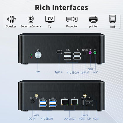 Mini PC i9, Desktop Computer with Core i9-9880H (Upto 4.8GHz), 2*HDMI, 1*DP, Dual 2.5G LAN, Optical, Wi-Fi 6E, Windows 11 Pro（COP）