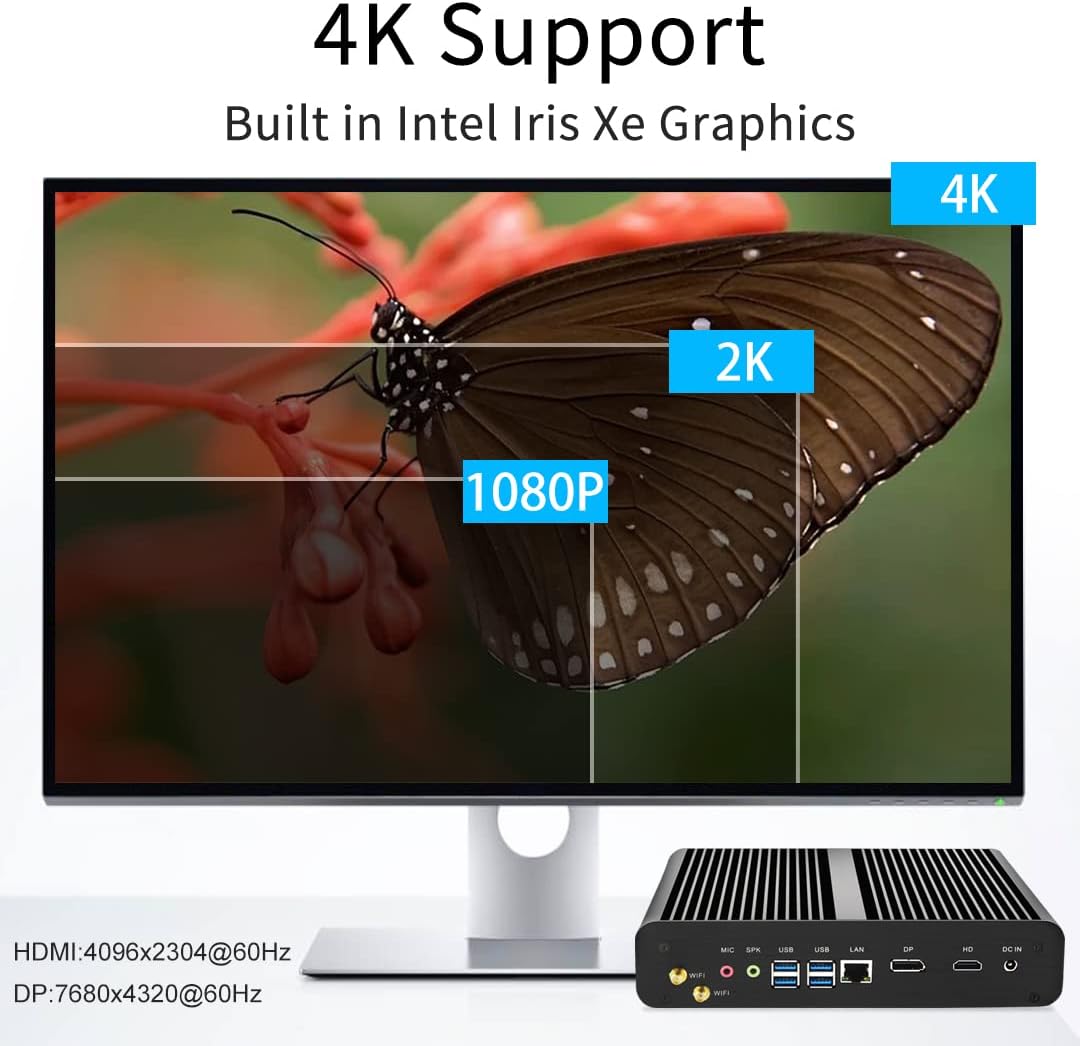 Fanless PC i7, Mini Desktop Computer with Core i7-1165G7, Passive Cooling, Dual Diplay, Wi-Fi 6, VESA, Windows 11 Pro
