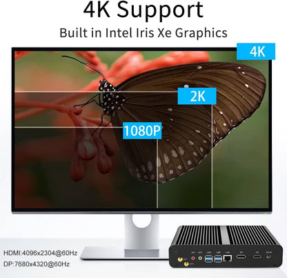 Fanless PC i7, Mini Desktop Computer with Core i7-1165G7, Passive Cooling, Dual Diplay, Wi-Fi 6, VESA, Windows 11 Pro