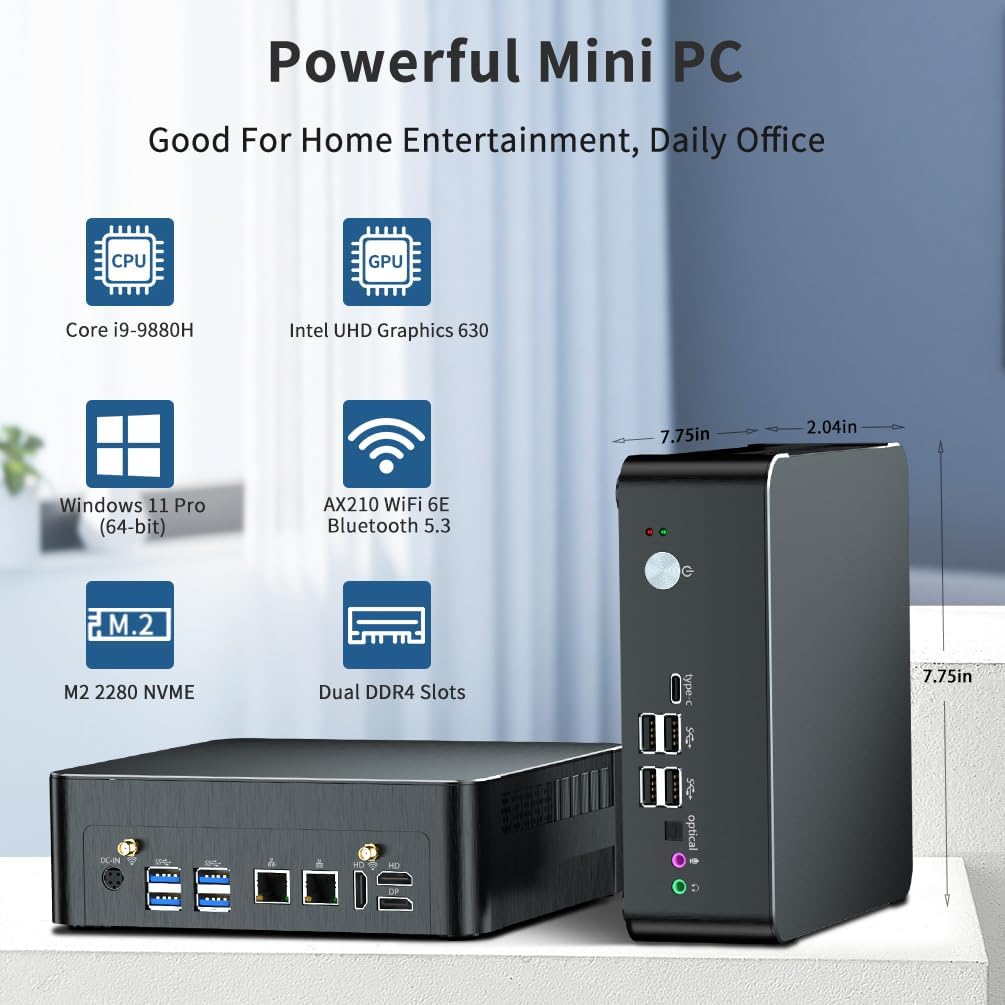 Mini PC i9, Desktop Computer with Core i9-9880H (Upto 4.8GHz), 2*HDMI, 1*DP, Dual 2.5G LAN, Optical, Wi-Fi 6E, Windows 11 Pro（COP）