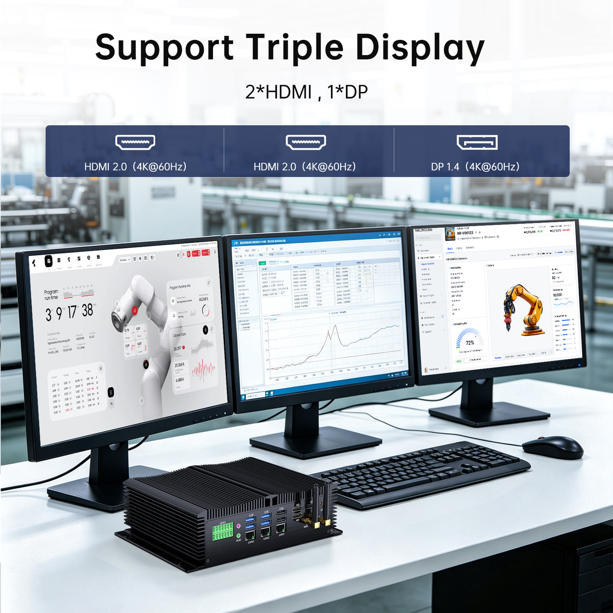 Fanless Industrial PC GK9000, Mini Desktop Computer, COM R232/ 422/485, Triple 2.5G LAN, GPIO, 4K, Wi-Fi, WOL Support, Wide Voltage, 2*HDMI, 1*DP, Windows 11 Pro