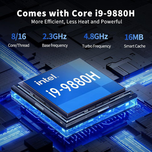 Mini PC i9, Desktop Computer with Core i9-9880H (Upto 4.8GHz), 2*HDMI, 1*DP, Dual 2.5G LAN, Optical, Wi-Fi 6E, Windows 11 Pro（COP）