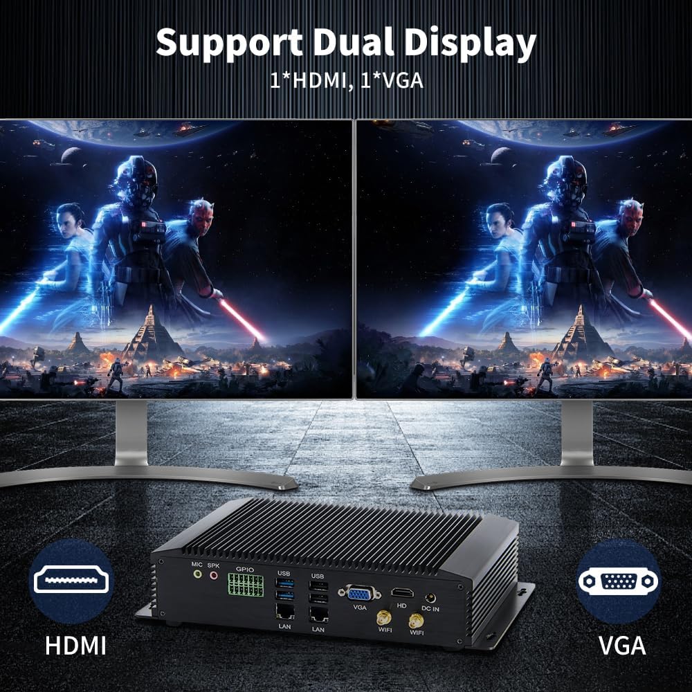 Fanless Industrial PC, Mini Desktop Computer with Core i5 / i7, 6xCOM R232/ 422/485, Dual LAN, GPIO, Wi-Fi, HDMI, VGA, Windows 11 Pro
