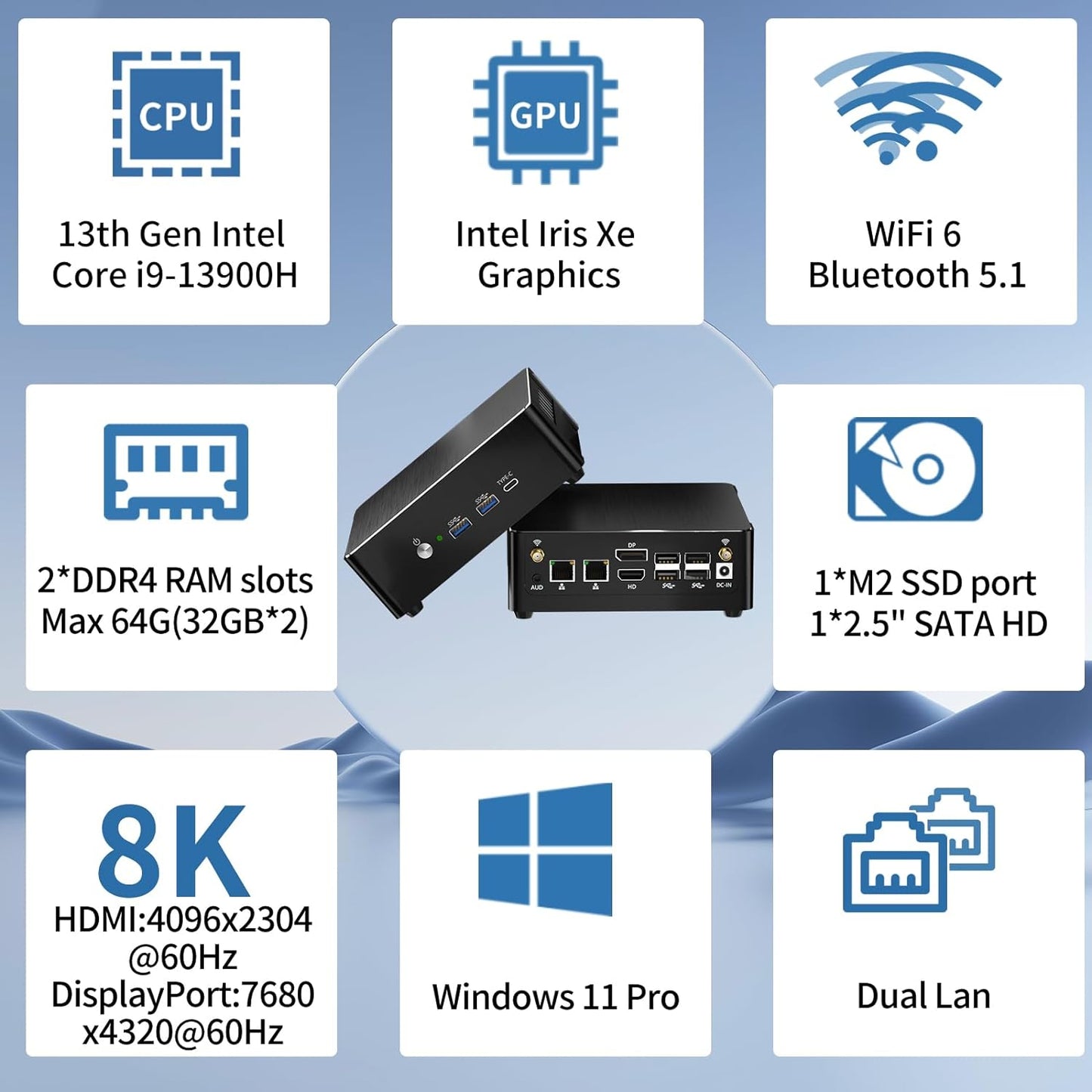 Mini PC i9, Core i9-13900H Desktop Computer (14 Cores 20 Thread, Upto 5.4GHz), 2.5G LAN, Wi-Fi 6E, Triple Display, VESA, Windows 11 Pro（COP）