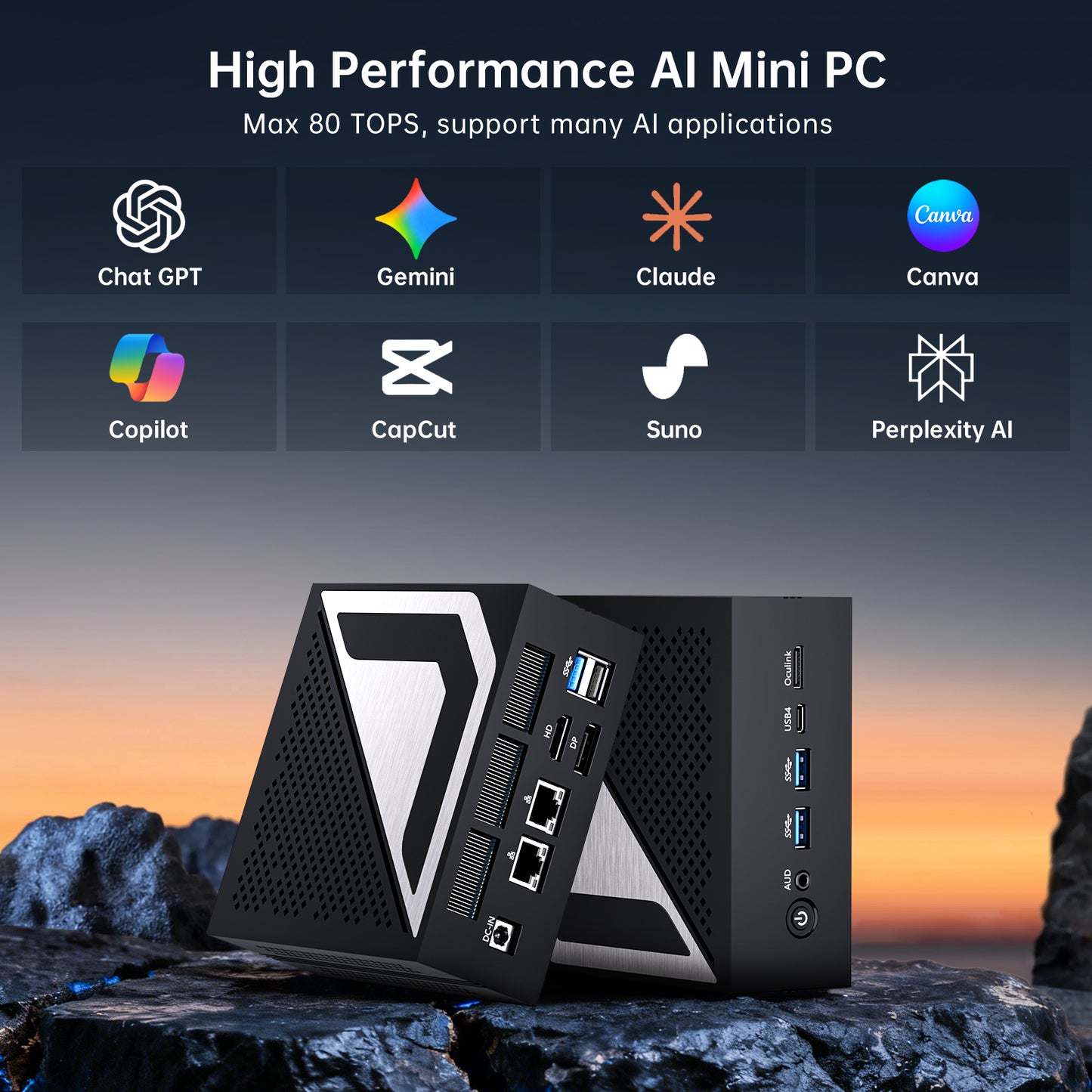 Mini AI PC with Ryzen AI 9 HX 370(12 Cores, Up to 5.1 GHz, Max 80 TOPS), 2 * 2.5G LAN, 1*HD, 1*DP, 1* USB4.0 Triple Display, Wi-Fi 6e, Windows 11 Pro