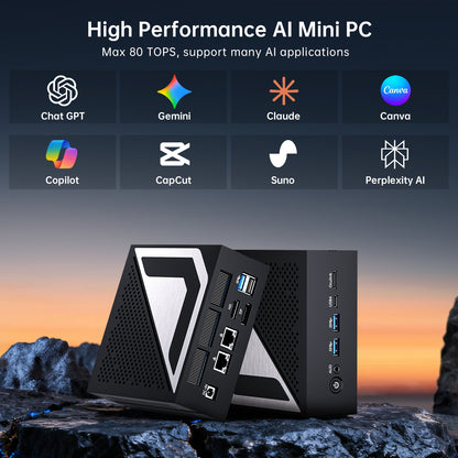 Mini AI PC with Ryzen AI 9 HX 370(12 Cores, Up to 5.1 GHz, Max 80 TOPS), 2 * 2.5G LAN, 1*HD, 1*DP, 1* USB4.0 Triple Display, Wi-Fi 6e, Windows 11 Pro