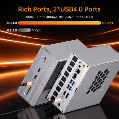 AI Mini PC with Ryzen AI Max+ 395 (16Cores, Upto 5.1GHz), 128GB LPDDR5X RAM Desktop Computer, Dual LAN (2.5GbE + 10GbE), WiFi 7, USB4.0, SD Reader, 4* Display, 8K