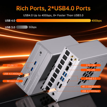 AI Mini PC with Ryzen AI Max+ 395 (16Cores, Upto 5.1GHz), 128GB LPDDR5X RAM Desktop Computer, Dual LAN (2.5GbE + 10GbE), WiFi 7, USB4.0, SD Reader, 4* Display, 8K