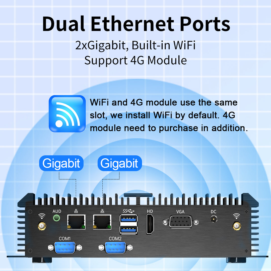 Fanless Industrial PC, Mini Computer with Core i3-5005U/ i5-4200U/ i7-5500U, Dual NIC, 2/4*COM RS232, Wi-Fi, 1*HDMI 1*VGA, Windows 10 Pro
