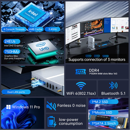 Fanless Mini PC, Desktop Computer 4-Core 12th Gen N100 Up to 3.4GHz, Windows 11 Pro, 16G DDR4, 1T NVME SSD, Dual Gigabit Ethernet, Triple Display, DP/2xHDMI 4K@60Hz, WiFi6, BT5.1, HTPC