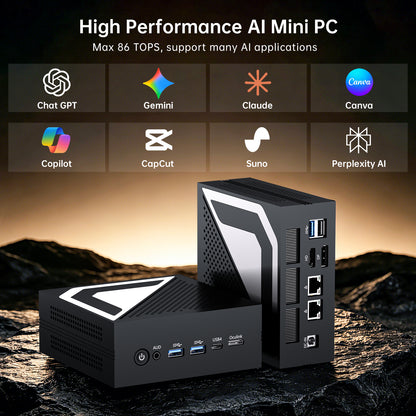 Mini AI PC with Ryzen AI 9 HX 470(12 Cores, Up to 5.2 GHz, Max 86 TOPS), 2 * 2.5G LAN, 1*HD, 1*DP, 1* USB4.0 Triple Display, Wi-Fi 6e, Windows 11 Pro