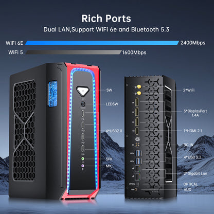 Mini Gaming PC Liquid Cooling, 14th Gen Core i9-14900F with DDR5 RAM PCIE4.0 SSD Desktop Computer, RTX4070 12G, 8K, 1*HDMI, 3*DisplayPort, Optical, WiFi 6e, Windows 11 Pro