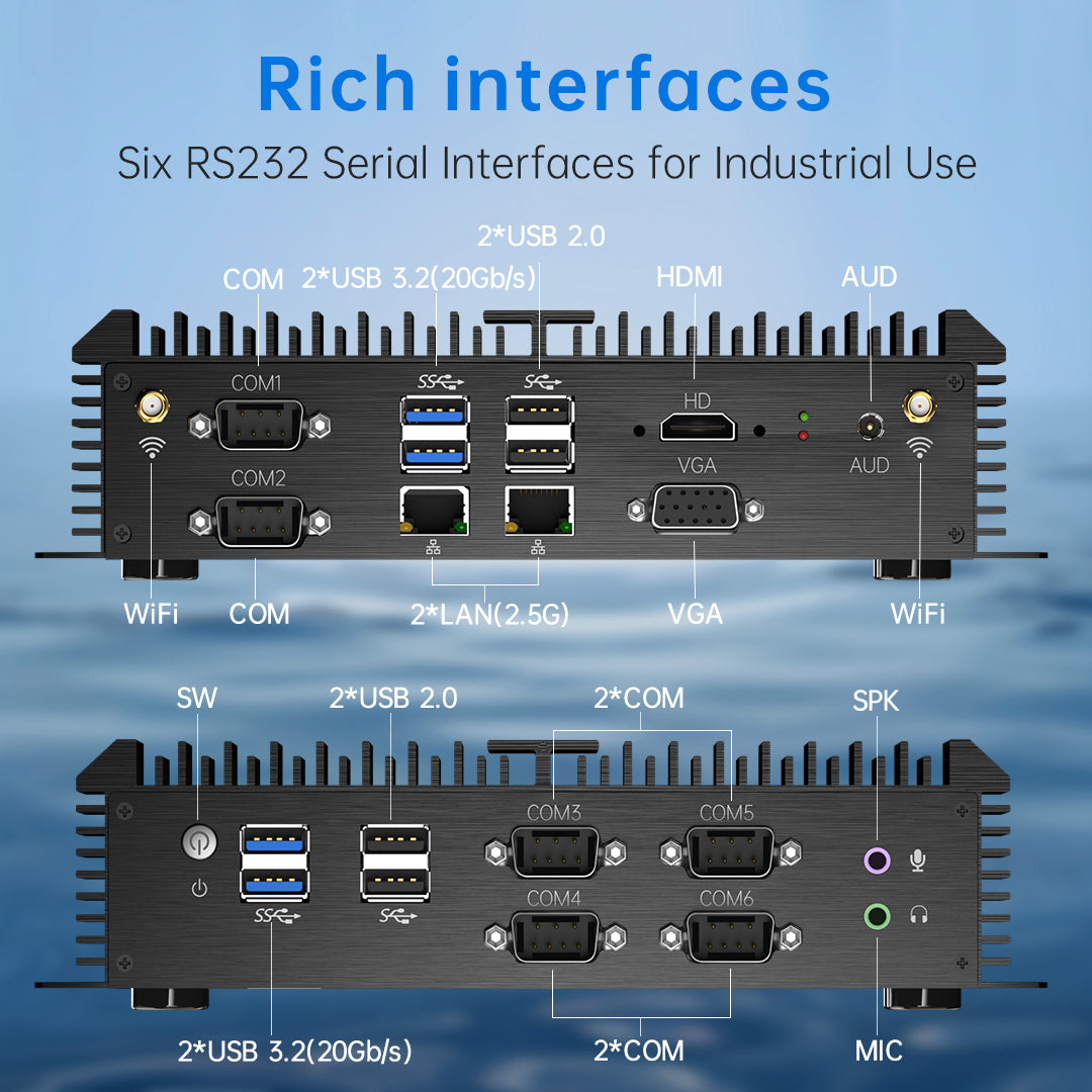 Industrial PC, Fanless Mini Computer with Core i7-1165G7/i7-8550U/i5-8250U/i3-8130U, Dual 2.5G LAN, 6*COM RS232, Support 4G Module/SIM, Wi-Fi 6, 1*HDMI 1*VGA, Windows 11 Pro/Linux/Ubantu
