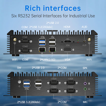 Industrial PC, Fanless Mini Computer with Core i7-1165G7/i7-8550U/i5-8250U/i3-8130U, Dual 2.5G LAN, 6*COM RS232, Support 4G Module/SIM, Wi-Fi 6, 1*HDMI 1*VGA, Windows 11 Pro/Linux/Ubantu