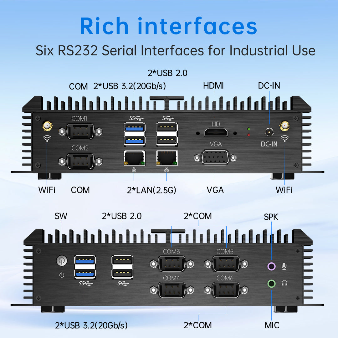 MK800 Industrial PC, Fanless Mini Computer, Dual 2.5G LAN, 6*COM RS232, Wi-Fi 6, WOL/Auto Turn on,1*HDMI 1*VGA, Windows 11 Pro
