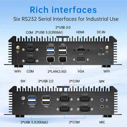 MK800 Industrial PC, Fanless Mini Computer, Dual 2.5G LAN, 6*COM RS232, Wi-Fi 6, WOL/Auto Turn on,1*HDMI 1*VGA, Windows 11 Pro
