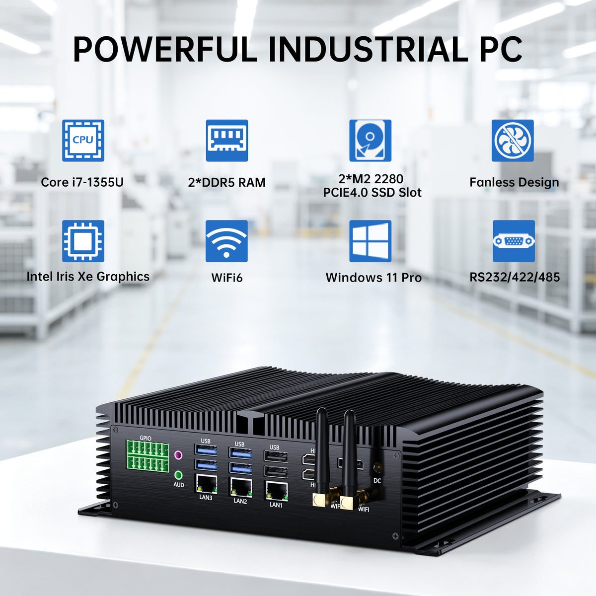 Fanless Industrial PC GK9000, Mini Desktop Computer, COM R232/ 422/485, Triple 2.5G LAN, GPIO, 4K, Wi-Fi, WOL Support, Wide Voltage, 2*HDMI, 1*DP, Windows 11 Pro
