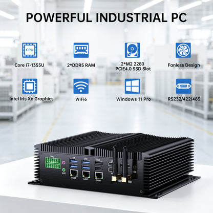 Fanless Industrial PC GK9000, Mini Desktop Computer, COM R232/ 422/485, Triple 2.5G LAN, GPIO, 4K, Wi-Fi, WOL Support, Wide Voltage, 2*HDMI, 1*DP, Windows 11 Pro